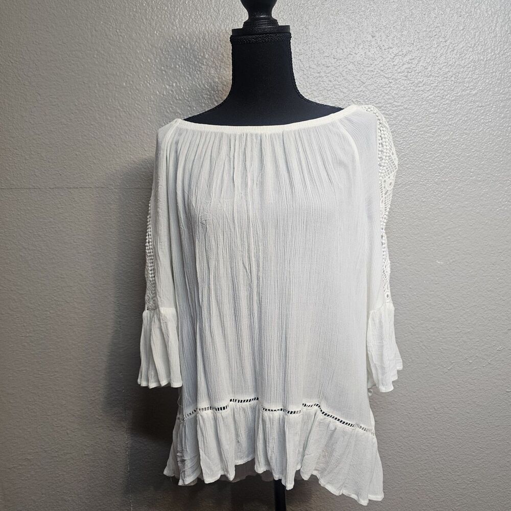 FEVE Women's 1X White Boho Crochet Lace Ruffle Bell Sleeve Peasant Top HH848